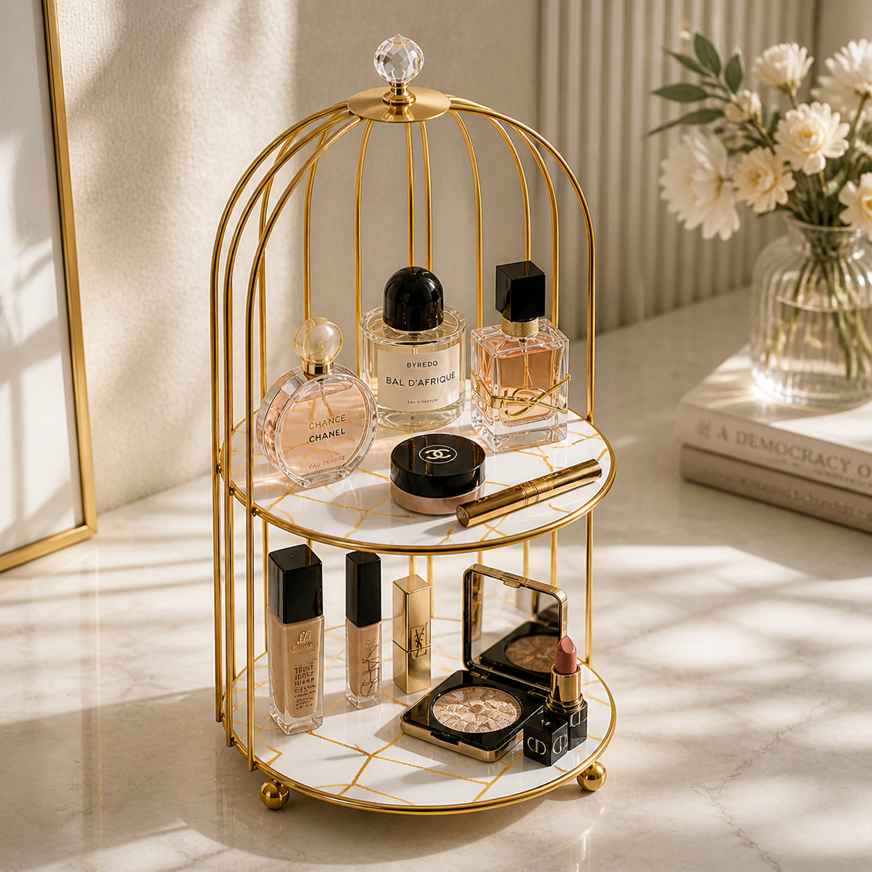 2-Tier Golden Vanity Cage – Wooden Base Makeup Organizer