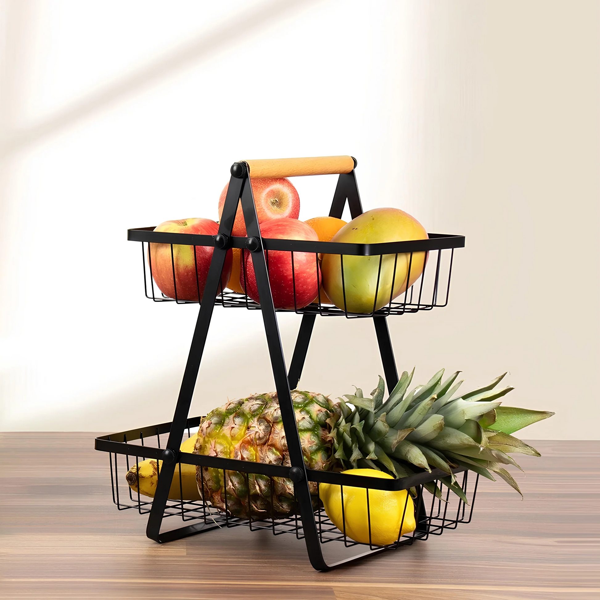 2-Tier Fruit Basket Wooden Handle Kitchen Pakistan
