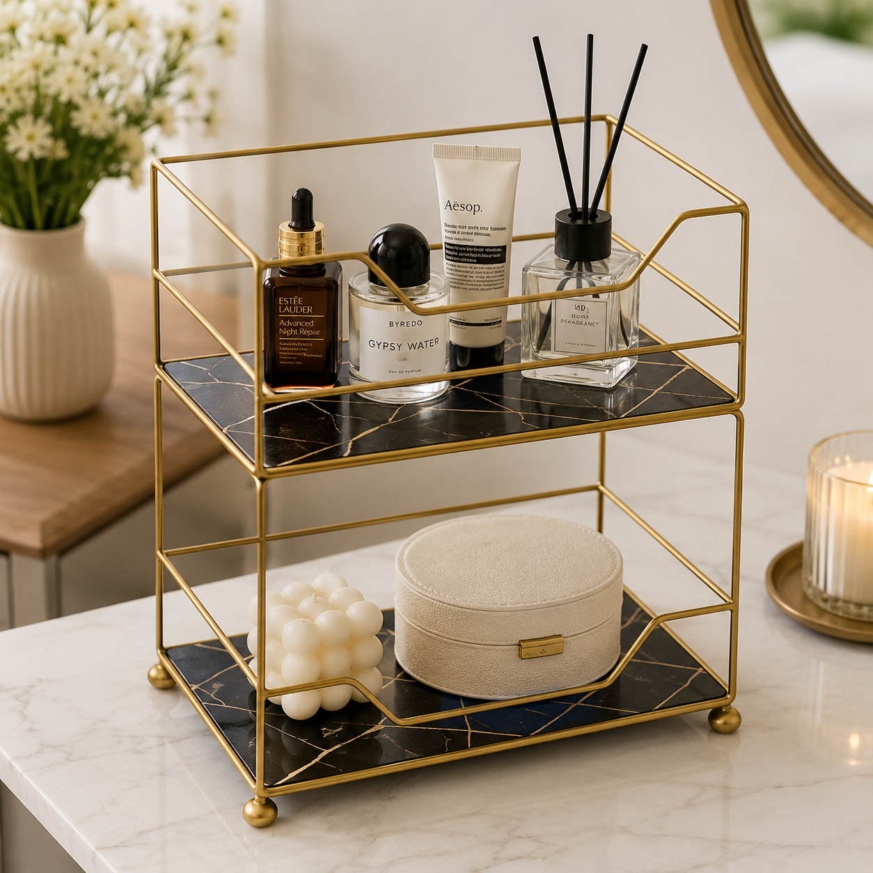 2-Tier Elite Vanity Tower Gold Metal Wooden Trays Karachi