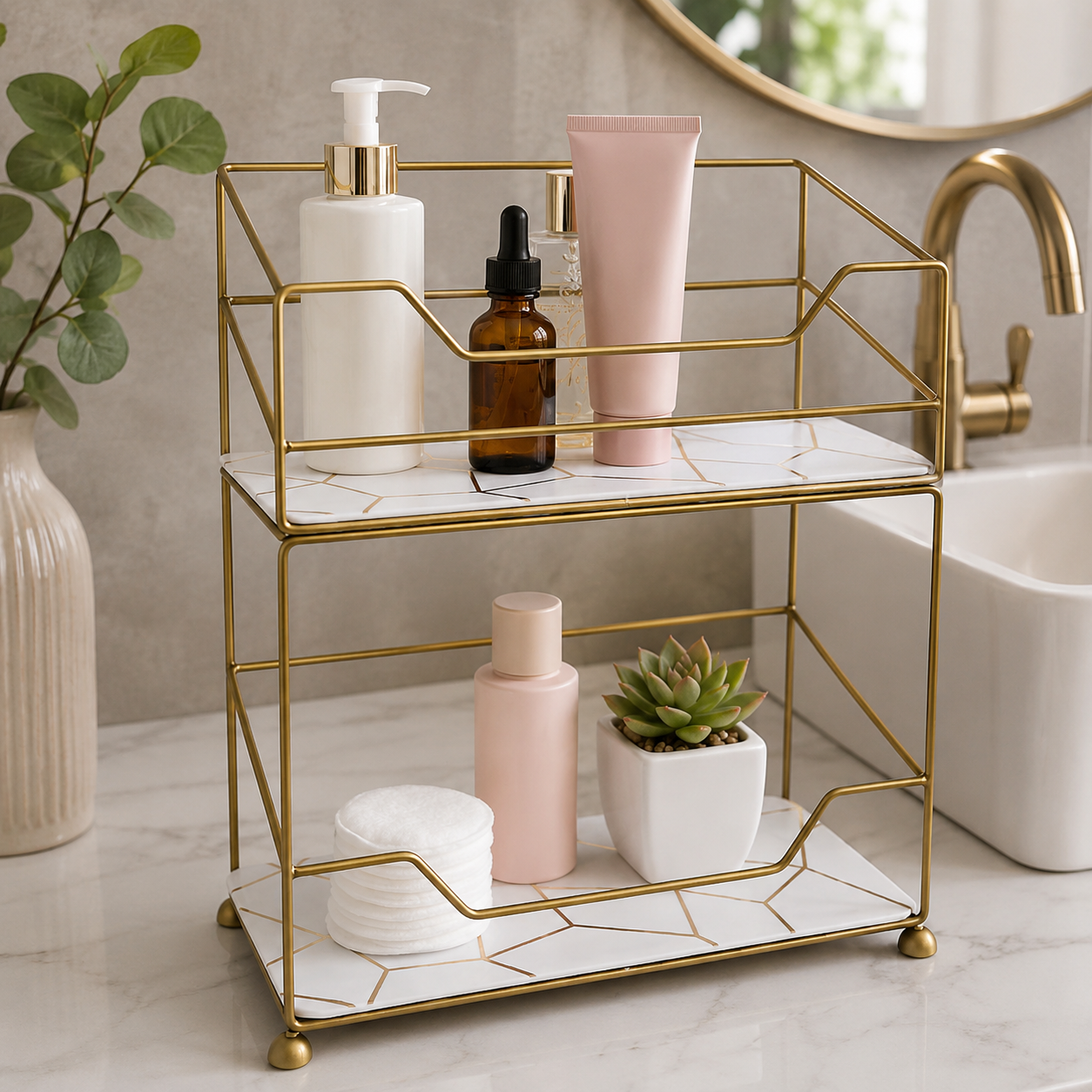 Gold Metal Vanity Tower 2-Tier Wooden Tray Pakistan