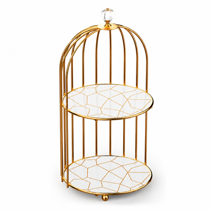 2-Tier Golden Vanity Cage – Wooden Base Makeup Organizer