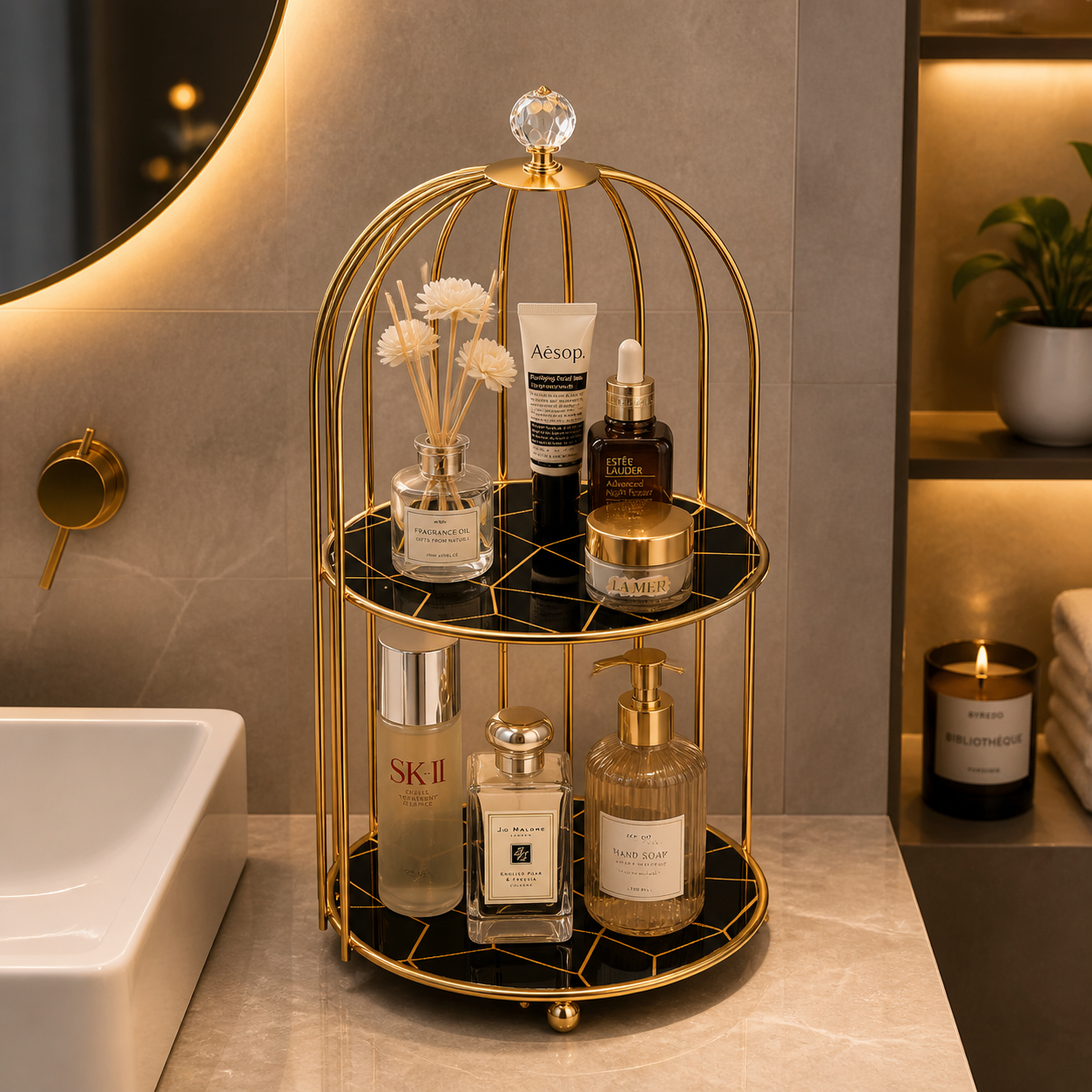 2-Tier Golden Vanity Cage Makeup Storage Pakistan