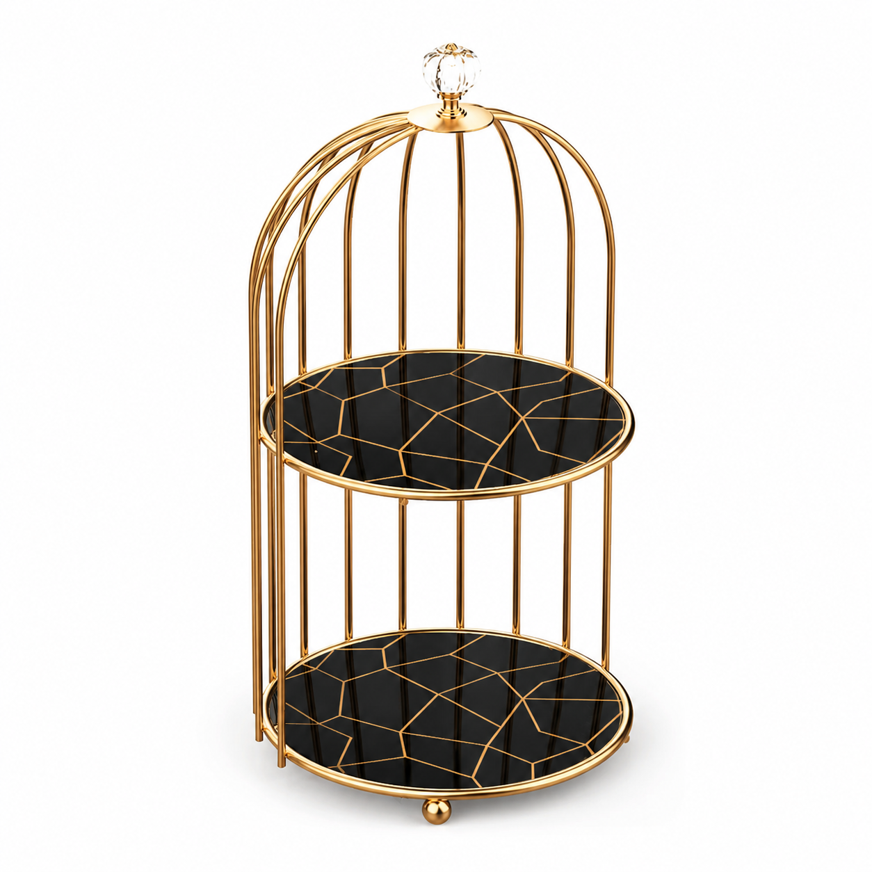 2-Tier Golden Vanity Cage – Wooden Base Makeup Organizer