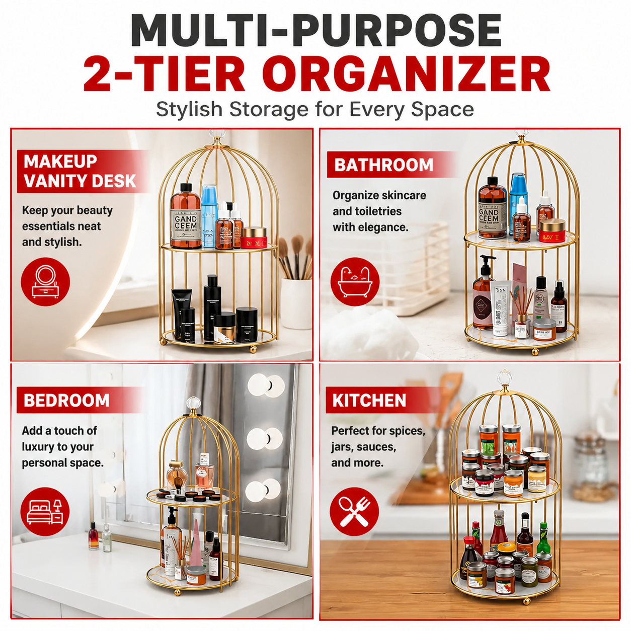 Golden Vanity Cage 2-Tier Makeup Organizer Pakistan
