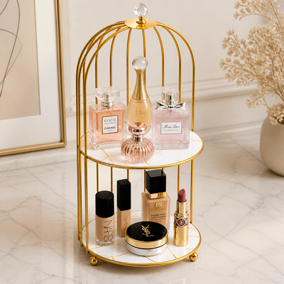 2-Tier Golden Vanity Cage Wooden Base Makeup Organizer Karachi