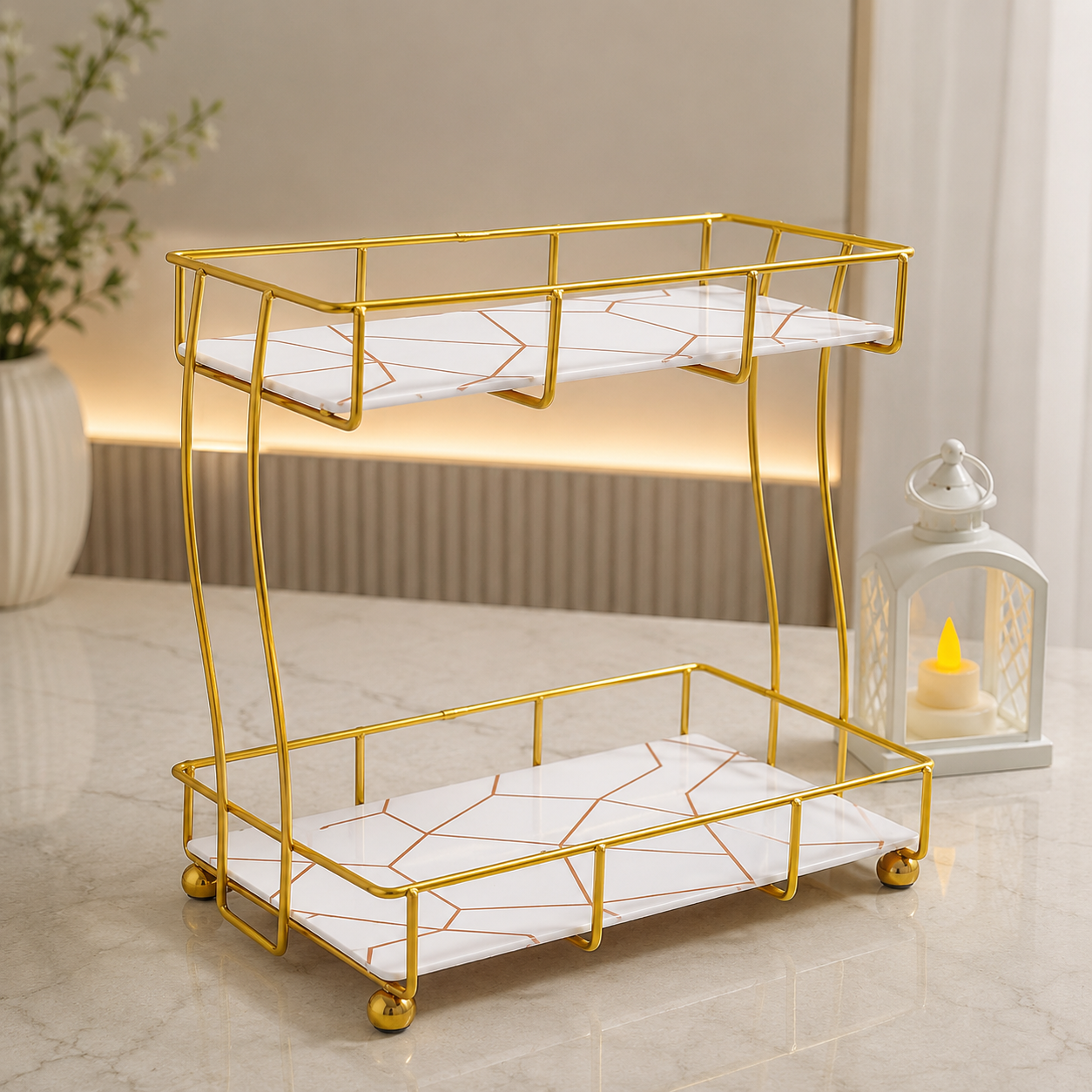 Rectangular Golden Vanity Stand 2-Tier Pakistan
