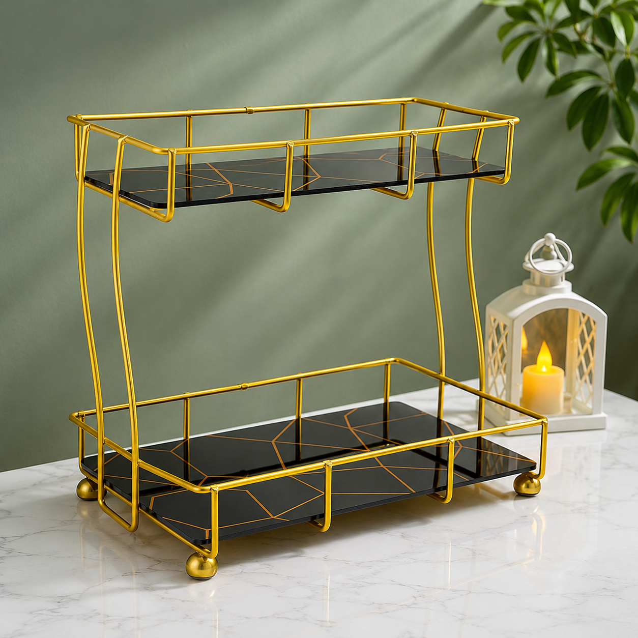 2-Tier Rectangular Vanity Stand Golden Metal Pakistan