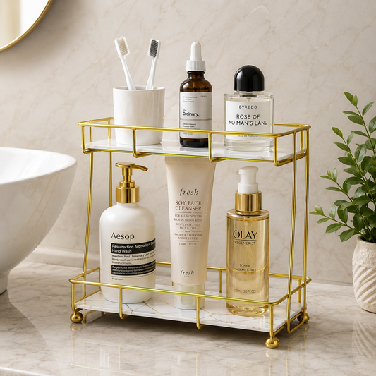 2-Tier Rectangular Golden Vanity Stand Wooden Base Karachi