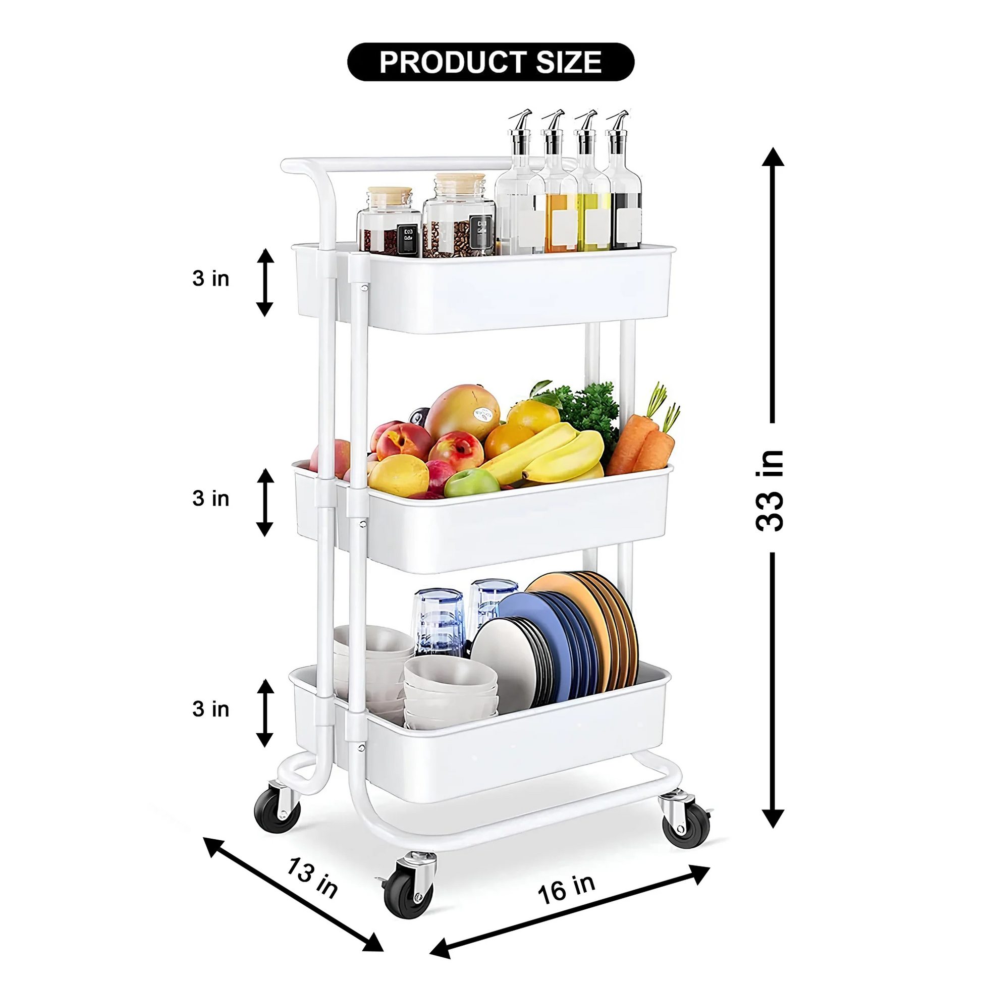 3-Tier Kitchen Cart Lockable Wheels Metal Pakistan