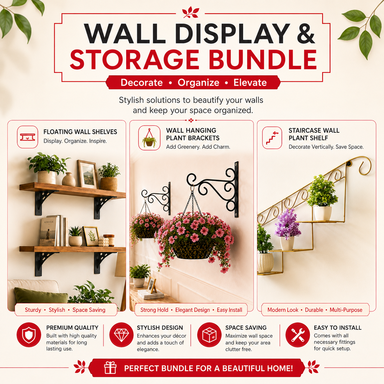 Wall Display & Storage Bundle – Bracket, Pot Hanger & Floral Basket