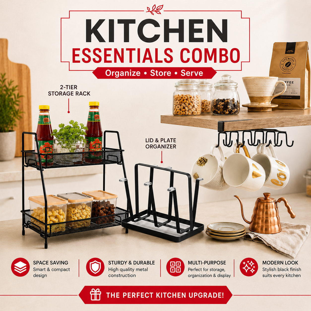 Kitchen Essentials Combo – Cabinet Hanger, Glass Stand & Organizer
