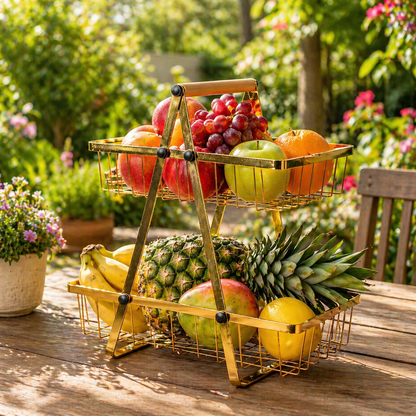 2-Tier Carry Serve Fruit Basket Wooden Handle Karachi