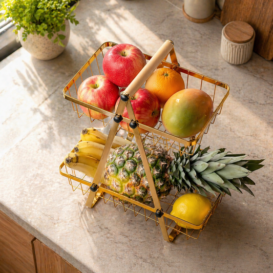 Golden Two Shape Fruit Basket Wooden Handle Pakistan