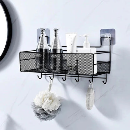 Mesh Style Wall Mounted Storage Rack with Hooks – Bathroom & Kitchen Organizer