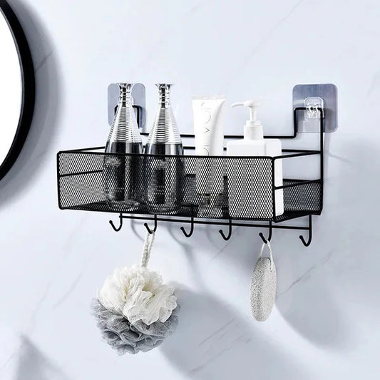 Mesh Style Wall Mounted Storage Rack with Hooks – Bathroom & Kitchen Organizer