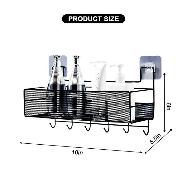 Mesh Style Wall Mounted Storage Rack with Hooks – Bathroom & Kitchen Organizer
