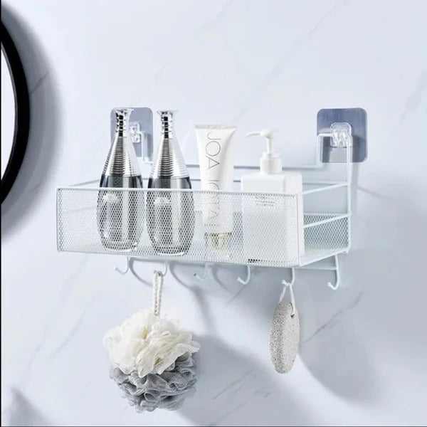 Mesh Style Wall Mounted Storage Rack with Hooks – Bathroom & Kitchen Organizer