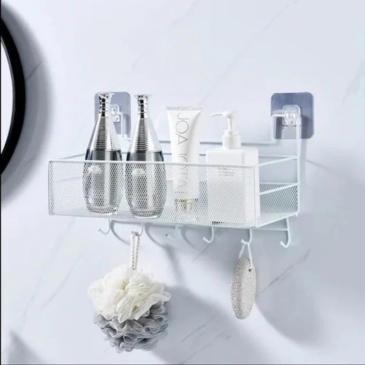 Mesh Style Wall Mounted Storage Rack with Hooks – Bathroom & Kitchen Organizer