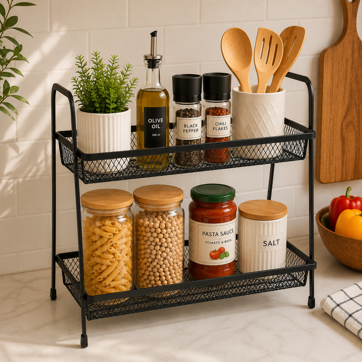 Smart two-layer metal organizer for kitchen or bathroom storage